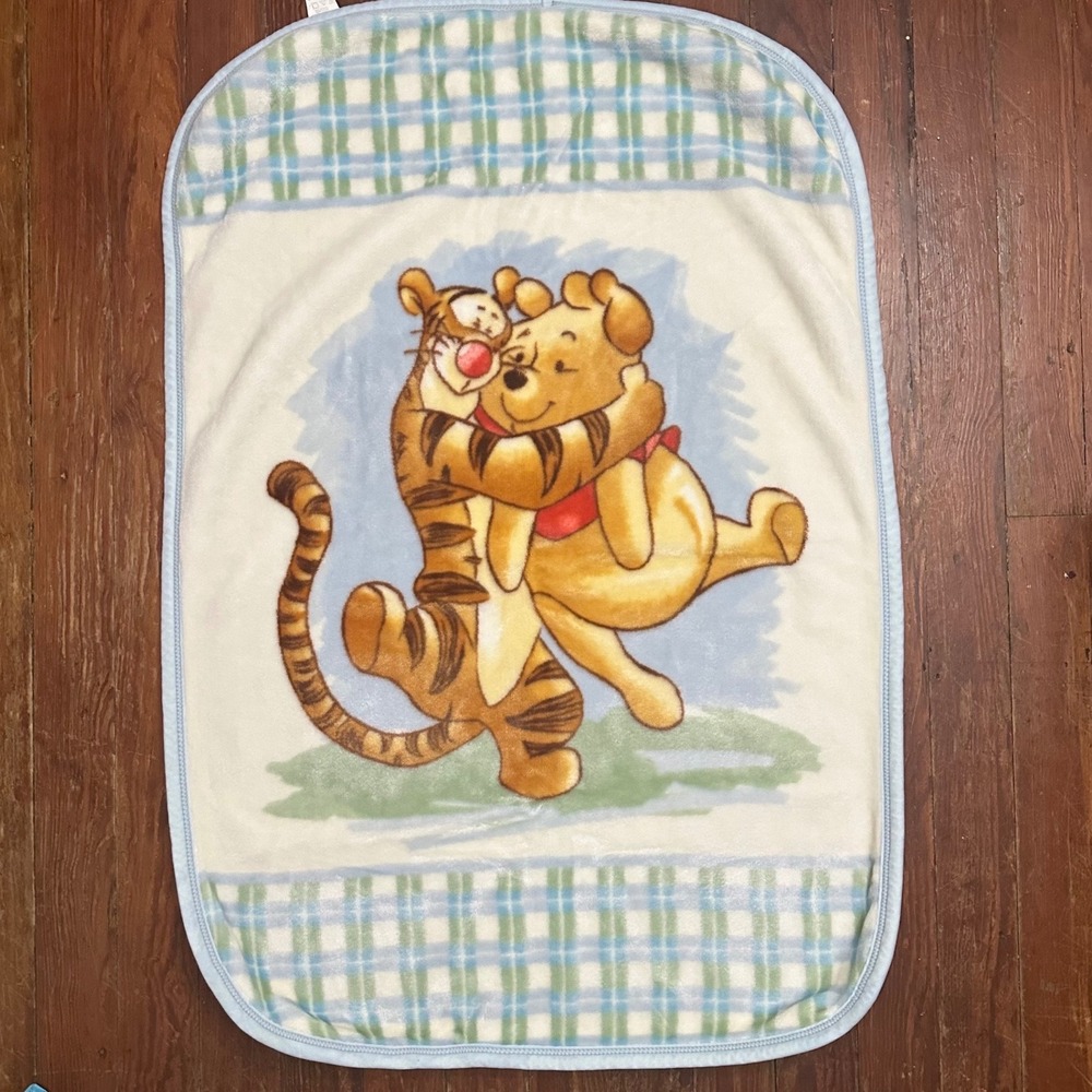 Disney Winnie the Pooh Tigger Fleece Baby Blanket Plaid Blue White 2002 Vintage